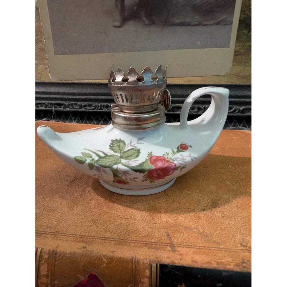 Vintage Porcelain Floral Oil Lamp with Ephemera 3x5